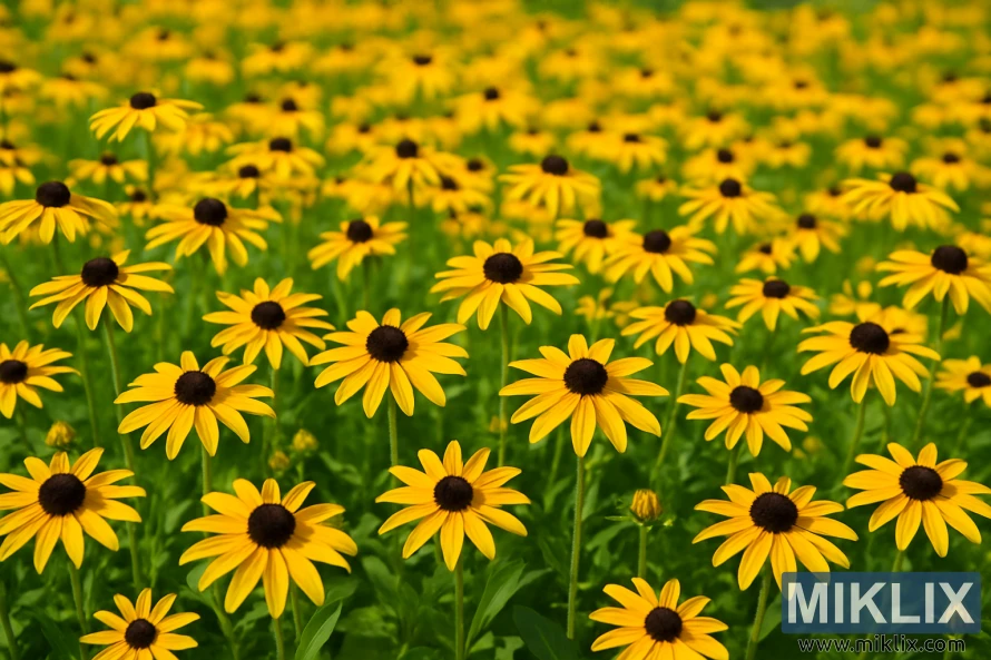 A wide field of bright yellow Black-Eyed Susan flowers with dark centers basking in warm summer sunlight. A wide field of bright yellow Black-Eyed Susan flowers with dark centers basking in warm summer sunlight.