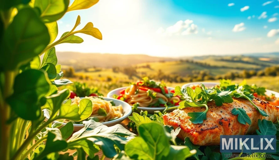 Illustration de feuilles de roquette fraîches, de plats de roquette et d’un paysage luxuriant sous une lumière dorée.