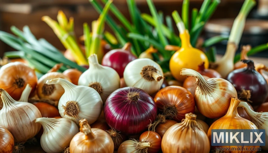 ਗਰਮ ਕੁਦਰਤੀ ਰੌਸ਼ਨੀ ਹੇਠ ਪੱਤੇਦਾਰ ਸਿਖਰਾਂ ਵਾਲੇ ਚਿੱਟੇ, ਲਾਲ ਅਤੇ ਪੀਲੇ ਪਿਆਜ਼ਾਂ ਦੀ ਇੱਕ ਕਿਸਮ। ਗਰਮ ਕੁਦਰਤੀ ਰੌਸ਼ਨੀ ਹੇਠ ਪੱਤੇਦਾਰ ਸਿਖਰਾਂ ਵਾਲੇ ਚਿੱਟੇ, ਲਾਲ ਅਤੇ ਪੀਲੇ ਪਿਆਜ਼ਾਂ ਦੀ ਇੱਕ ਕਿਸਮ।