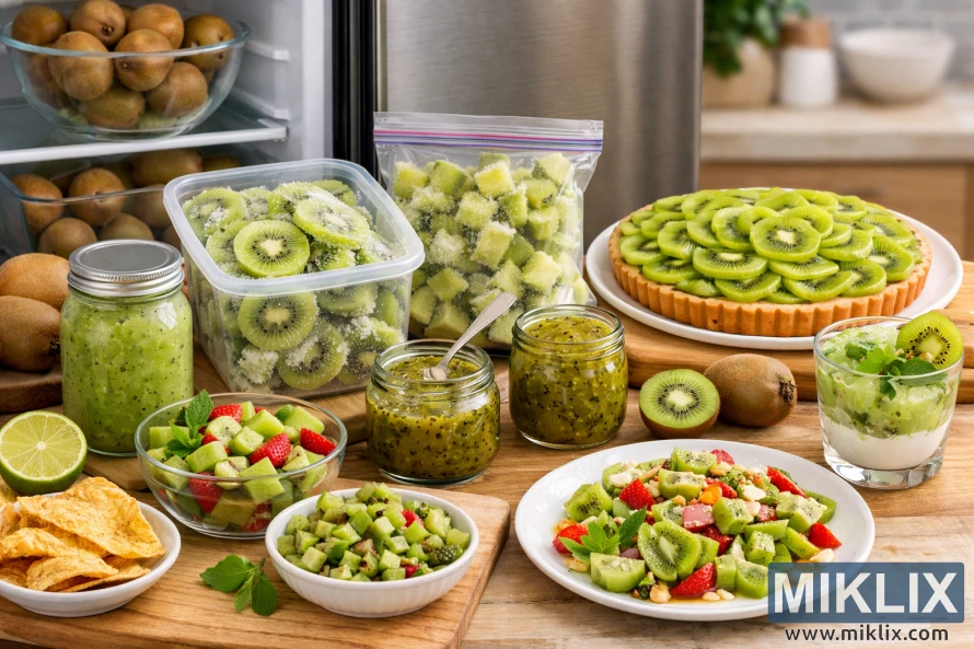 Kitchen scene showing kiwifruit stored in the refrigerator, frozen in containers, and prepared as jam, smoothie, tart, parfait, and salads. Kitchen scene showing kiwifruit stored in the refrigerator, frozen in containers, and prepared as jam, smoothie, tart, parfait, and salads.