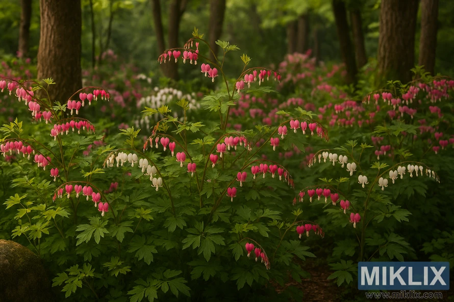 Mixed Bleeding Heart flowers blooming in a shaded woodland garden with moss, ferns, and a rustic bench Mixed Bleeding Heart flowers blooming in a shaded woodland garden with moss, ferns, and a rustic bench
