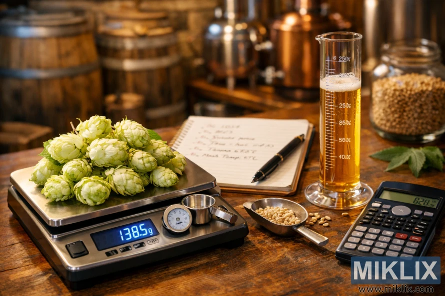 Still life of Bianca hops on a precision scale with brewing tools, calculations, and a warm brewery background