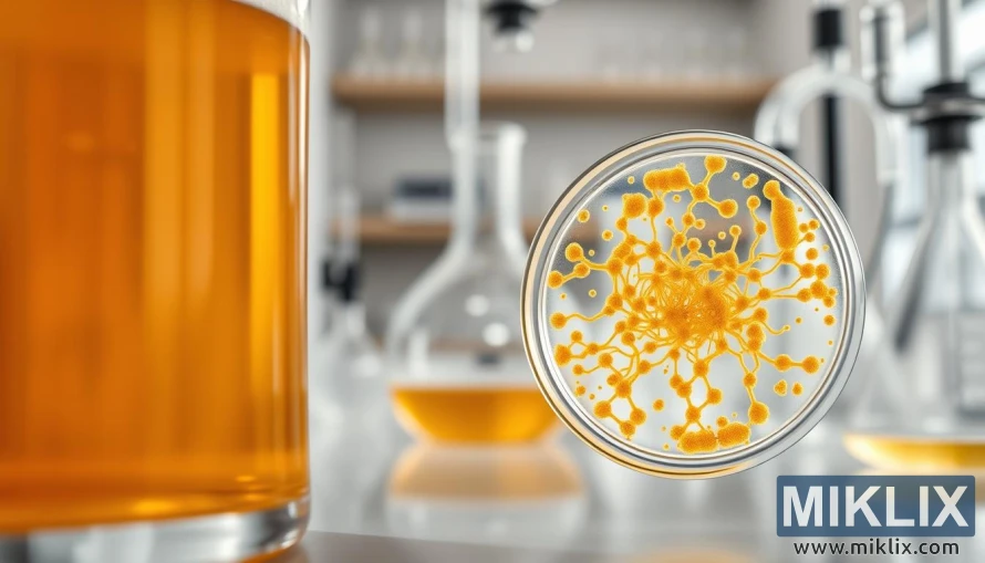 Čaša zlatnog piva sa uzorkom kvasca u petrijevoj posudi, postavljena u modernoj laboratoriji sa naučnom opremom.