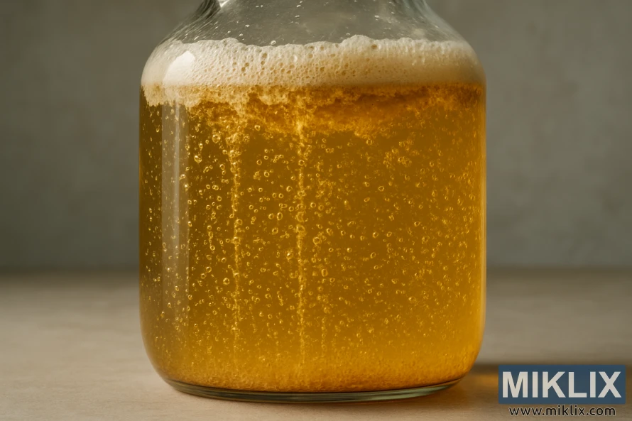 Nærbilde av et glasskar med boblende gylden væske som viser aktiv gjærgjæring. Nærbilde av et glasskar med boblende gylden væske som viser aktiv gjærgjæring.