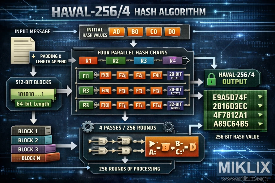 Infographic illustrating the HAVAL-256/4 cryptographic hash algorithm with message padding, block processing, four parallel hash chains, rotations, and a final 256-bit output.