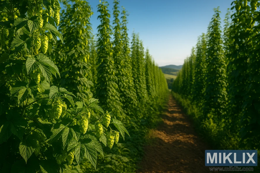 Wide-angle view of a lush Elsaesser hops field with tall green bines, cone-shaped flowers, and a dirt path under a golden sky. Wide-angle view of a lush Elsaesser hops field with tall green bines, cone-shaped flowers, and a dirt path under a golden sky.