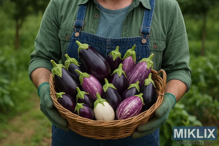 Gardener holding a basket of freshly harvested eggplants in a garden
