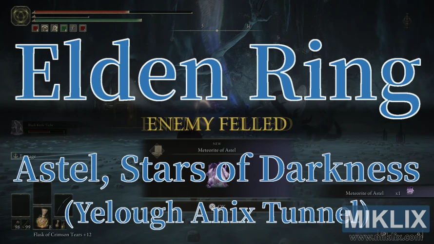 Capture d'écran d'Elden Ring montrant « Ennemi vaincu » après avoir vaincu Astel, Étoiles des Ténèbres, dans le tunnel de Yelough Anix. Capture d'écran d'Elden Ring montrant « Ennemi vaincu » après avoir vaincu Astel, Étoiles des Ténèbres, dans le tunnel de Yelough Anix.