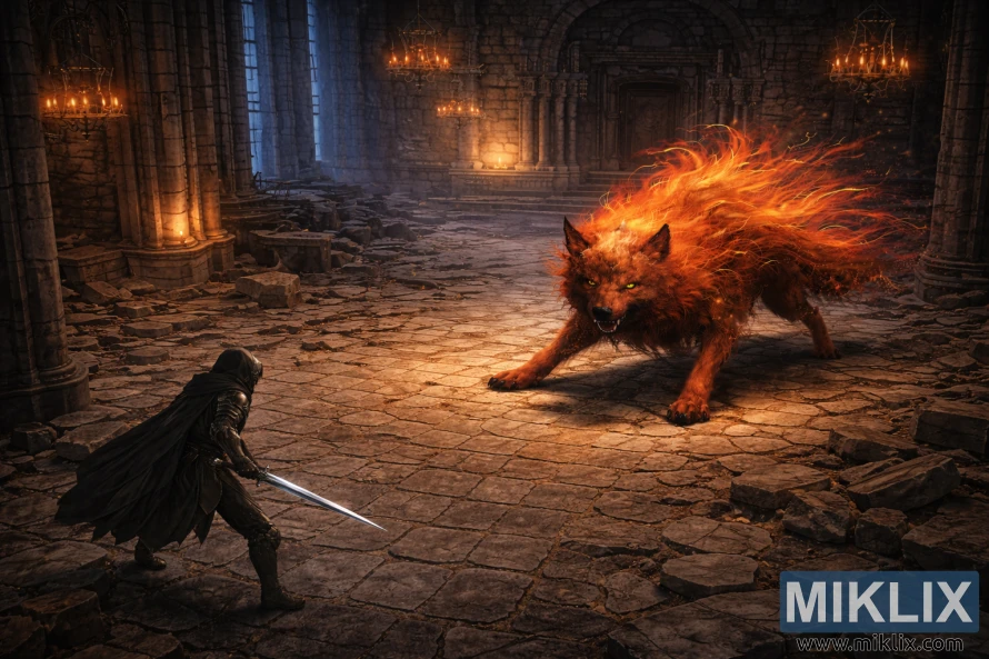 Isometric dark fantasy artwork na nagpapakita ng Tarnished sa ibaba sa kaliwa na nakaharap sa isang napakalaking Red Wolf of Radagon sa loob ng mga guhong bulwagan ng Raya Lucaria Academy.