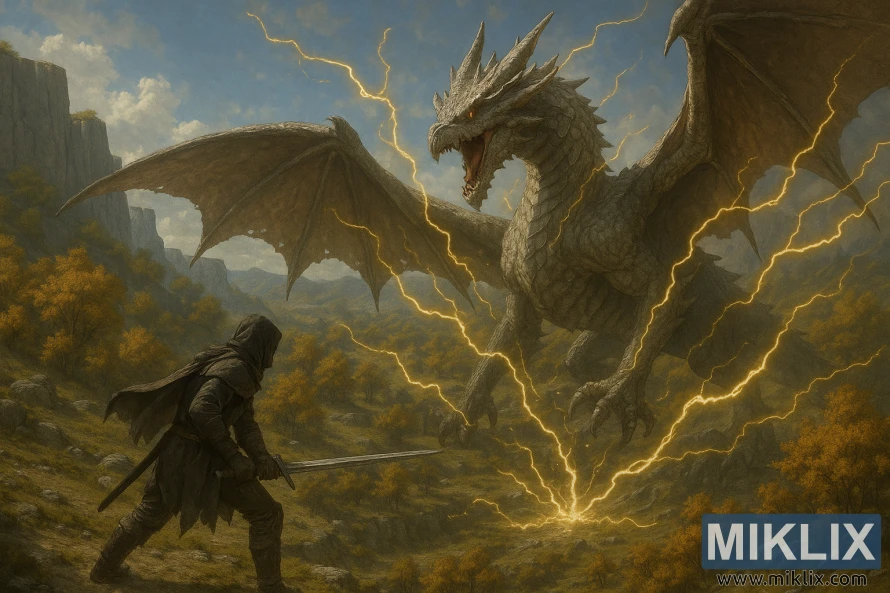 Realistic landscape painting of the Tarnished facing Ancient Dragon Lansseax amid lightning on the Altus Plateau.