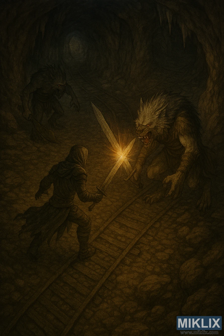 Semi-realistic high-angle image of the Tarnished fighting two Beastmen of Farum Azula in Dragonbarrow Cave
