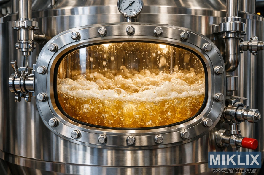 Stainless steel fermenter with glass window showing golden lager actively fermenting with rising bubbles and foam.