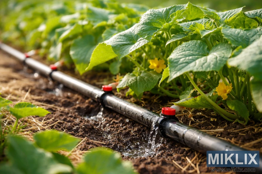 Drip irrigation hose watering a row of healthy cucumber plants in a garden with green leaves, yellow flowers, and moist soil.