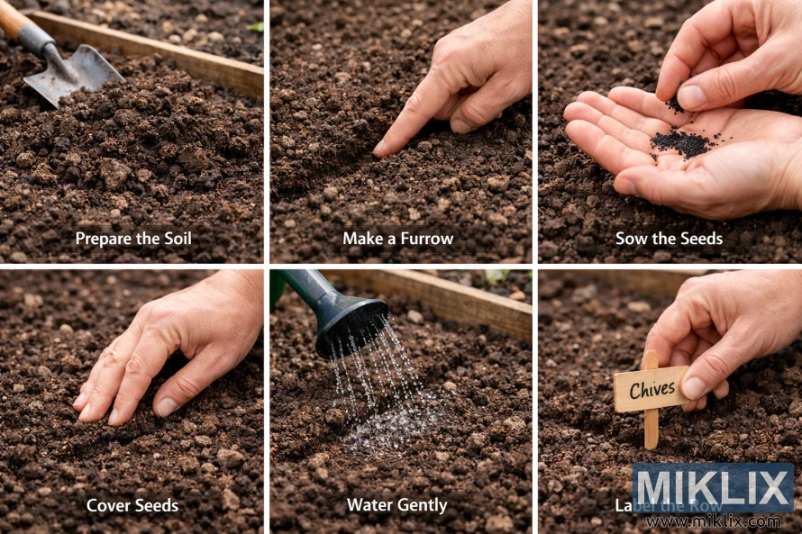 Six-step visual guide showing how to prepare soil, sow chive seeds, water gently, and label a garden row.