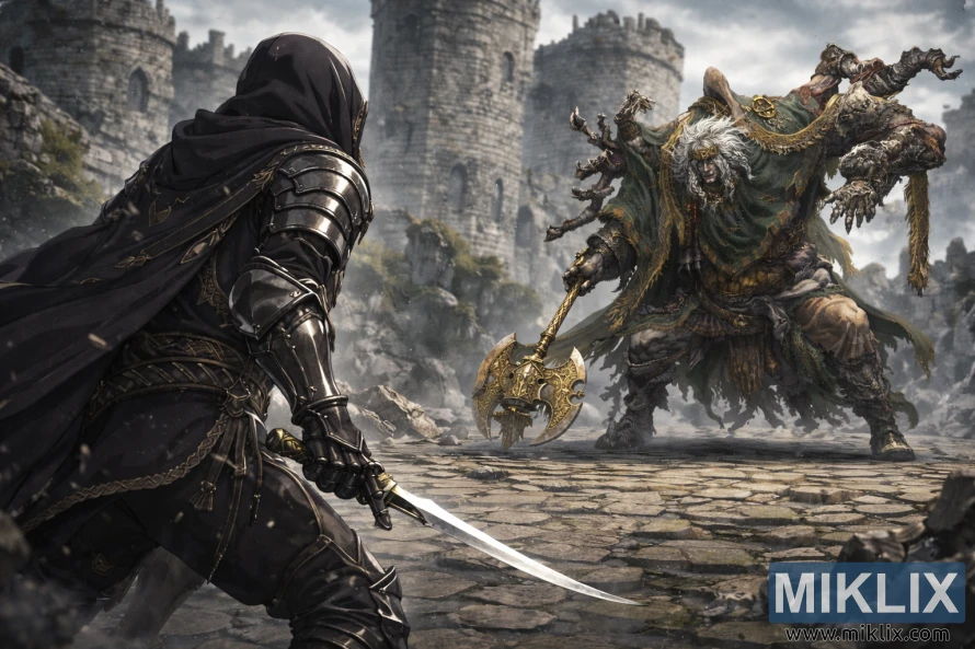 Anime-style scene at Stormveil Castle: the Tarnished in dark hooded armor is seen from behind on the left, facing Godrick the Grafted with his ornate golden axe on the right. Anime-style scene at Stormveil Castle: the Tarnished in dark hooded armor is seen from behind on the left, facing Godrick the Grafted with his ornate golden axe on the right.