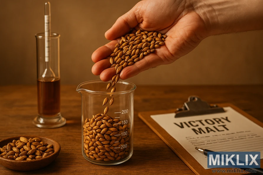 Ručno ulijevanje zlatnosmeđih zrna Victory Malta u čašu s alatima za kuhanje u blizini.