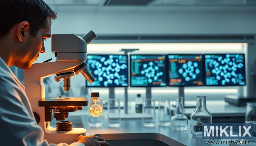 Researcher in lab coat examining hyaluronic acid under microscope with data screens behind. Researcher in lab coat examining hyaluronic acid under microscope with data screens behind.