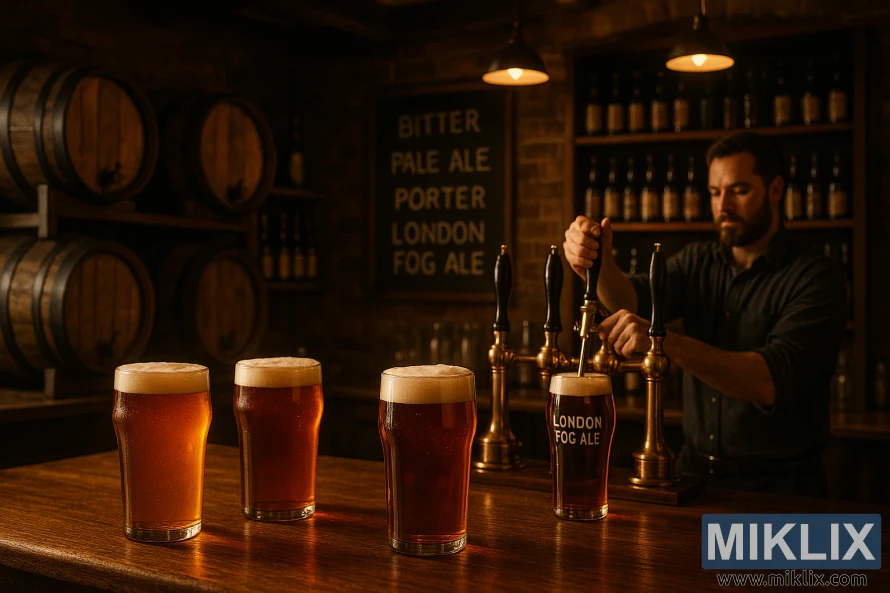Taproom with warm lighting, glasses of British ales on the bar, and a bartender pouring a London Fog Ale.