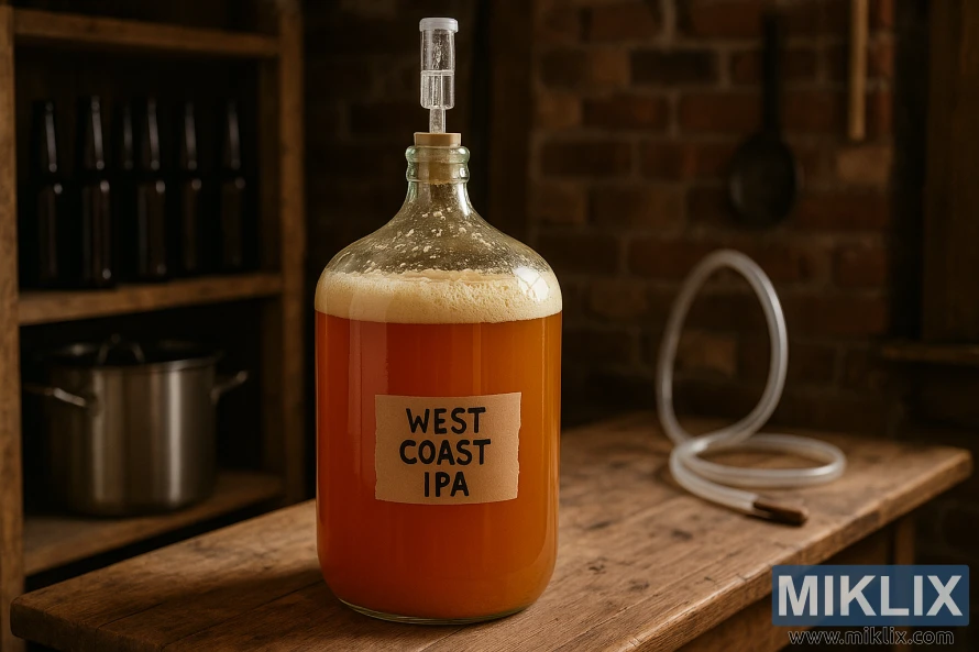 Стаклен вагона со ферментиран IPA пивски сок од Западниот Брег на дрвена маса во рустична средина за домашно пиво. Стаклен вагона со ферментиран IPA пивски сок од Западниот Брег на дрвена маса во рустична средина за домашно пиво.