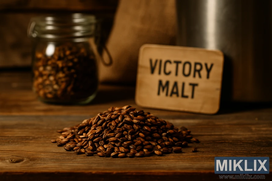 Krupni plan male hrpe Victory Malta na drvenom stolu sa staklenkom i elementima za kuhanje piva u toplom, rustikalnom okruženju domaćeg pivarstva.