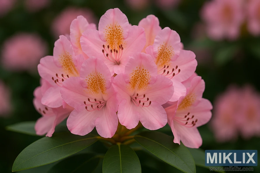 Close-up of Scintillation rhododendron with soft pink petals and golden speckles. Close-up of Scintillation rhododendron with soft pink petals and golden speckles.
