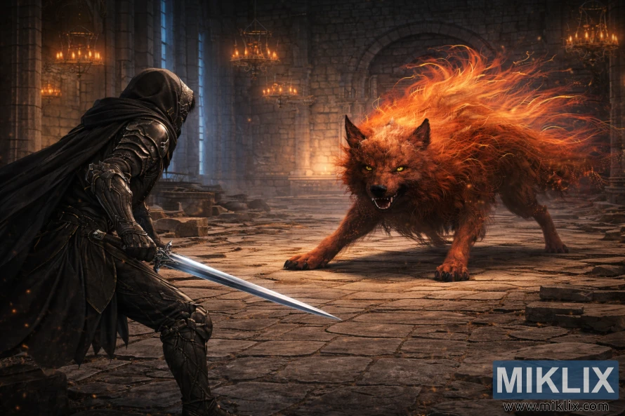 Isang madilim na likhang sining na nagpapakita ng mga Tarnished mula sa likuran na may hawak na espada habang nakaharap sa isang napakalaking Pulang Lobo ng Radagon sa loob ng mga guho ng Raya Lucaria Academy.