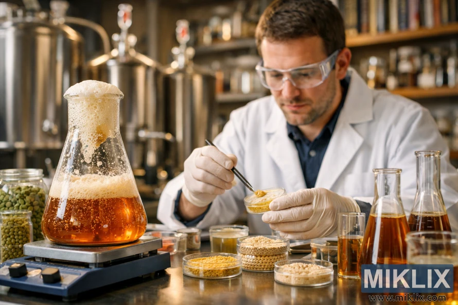 Scientist in a modern brewery laboratory measuring yeast samples beside a bubbling flask of fermenting wort, surrounded by hops, grains, and brewing equipment under warm light.