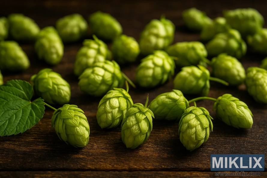 Kerucut hop Viking segar di atas meja kayu pedesaan gelap dengan daun, kedalaman bidang yang dangkal Kerucut hop Viking segar di atas meja kayu pedesaan gelap dengan daun, kedalaman bidang yang dangkal