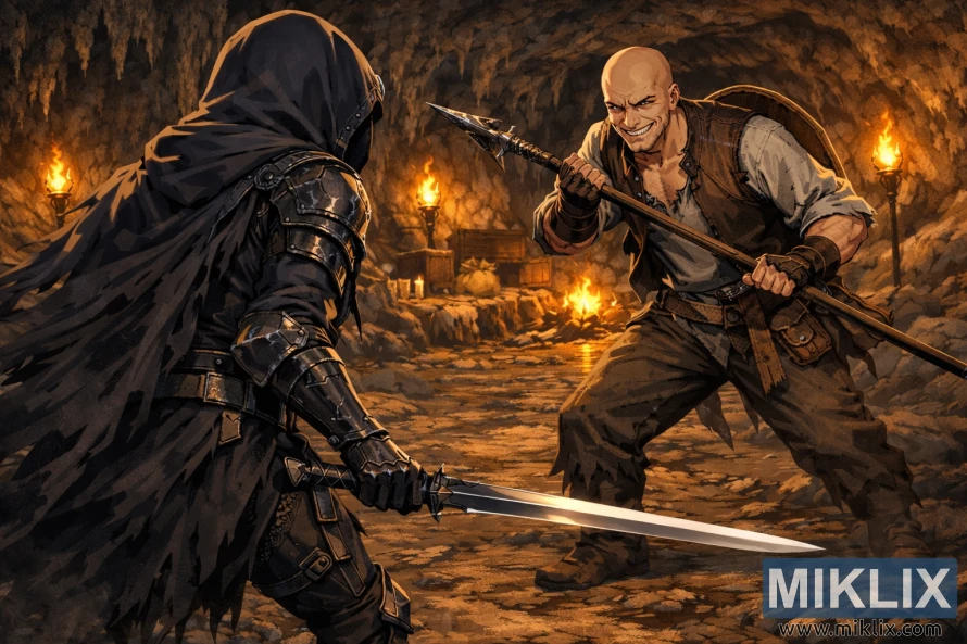 Anime style fantasy scene of the Tarnished seen from behind facing Patches at close range in a torchlit cave before combat.