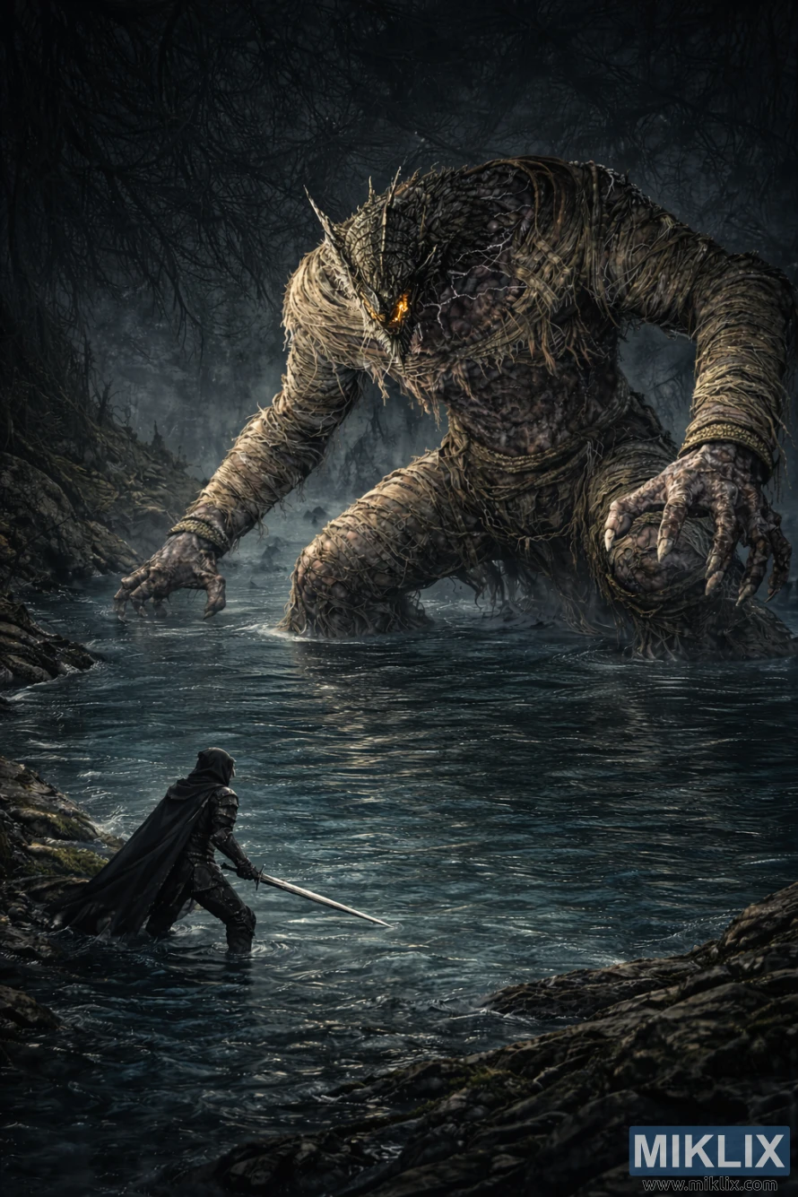 Ísómetrísk dökk fantasíusena sem sýnir Tarnished með sverði horfast í augu við mun stærri Dragonkin-hermann frá Nokstella sem gnæfir yfir Ainsel-ánni. Ísómetrísk dökk fantasíusena sem sýnir Tarnished með sverði horfast í augu við mun stærri Dragonkin-hermann frá Nokstella sem gnæfir yfir Ainsel-ánni.