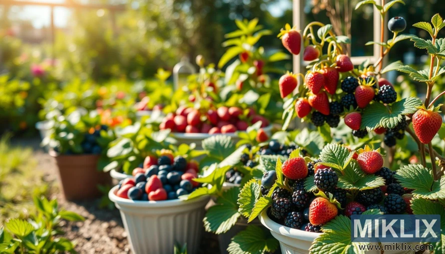 햇살이 가득한 정원에 익은 블랙베리, 딸기, 블루베리 화분이 있습니다. 햇살이 가득한 정원에 익은 블랙베리, 딸기, 블루베리 화분이 있습니다.