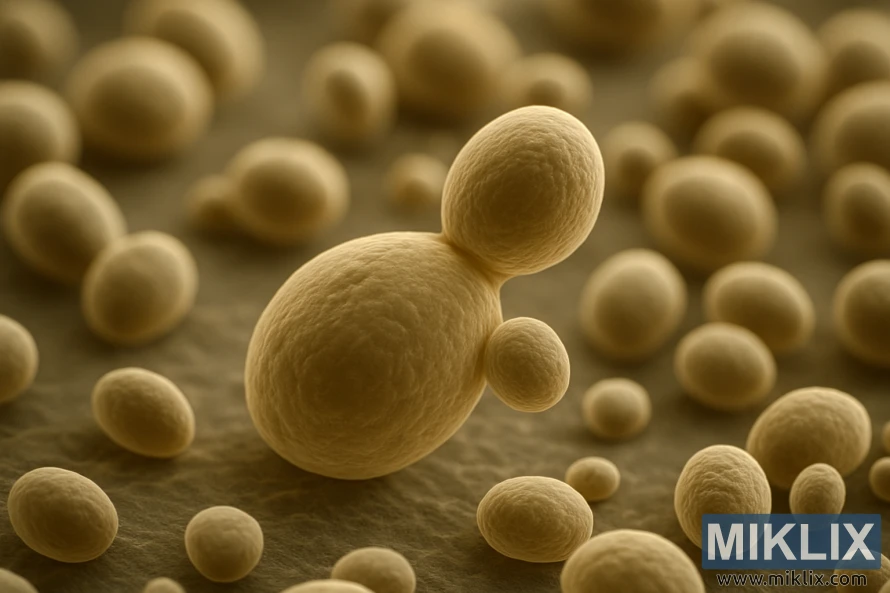 Vedere microscopică de aproape a celulelor de drojdie, evidențiind o celulă centrală înmugurită cu textură detaliată a suprafeței și profunzime mică a câmpului.