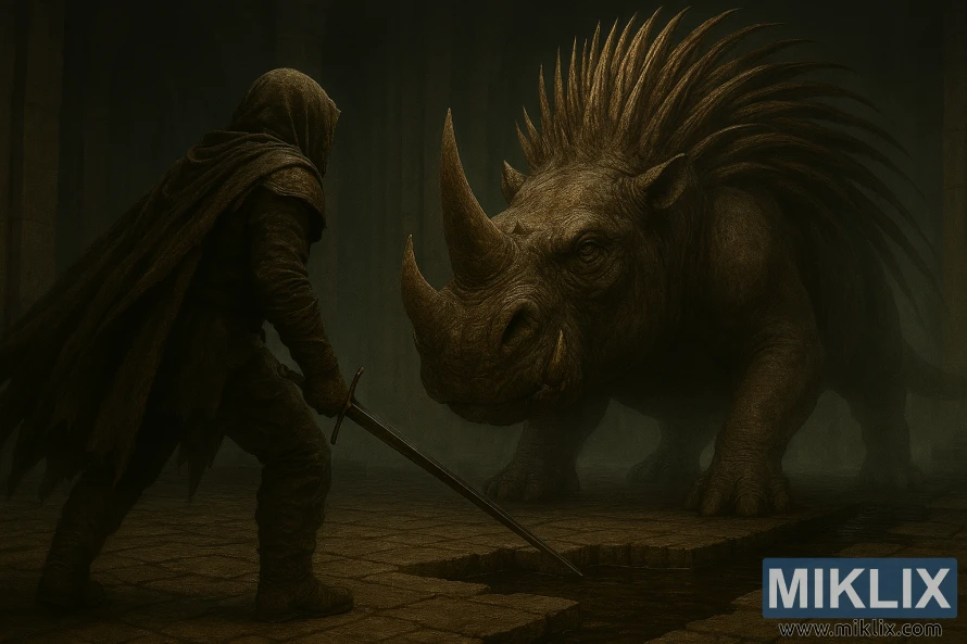 Realistic dark fantasy art of the Tarnished in Black Knife armor confronting a massive horned hippopotamus-like boss with spiked back in Elden Ring: Shadow of the Erdtree