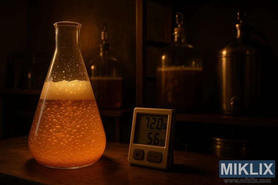 Koselig bryggeri med boblende ølgjær i varme, svakt opplyste omgivelser. Koselig bryggeri med boblende ølgjær i varme, svakt opplyste omgivelser.