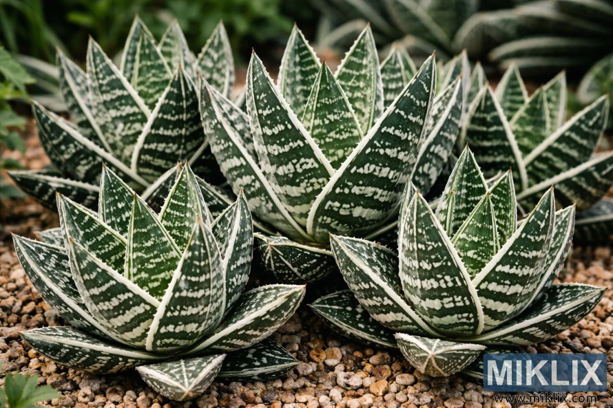 Close-up photograph of clustered Tiger Aloe plants with green, triangular leaves patterned by bold white stripes, growing in a pebble garden. Close-up photograph of clustered Tiger Aloe plants with green, triangular leaves patterned by bold white stripes, growing in a pebble garden.