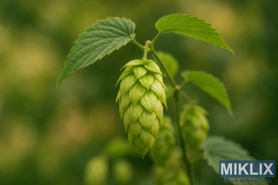 A close-up tina congcot hop héjo sarta daun cahayana lemes kalayan latar taman kabur.