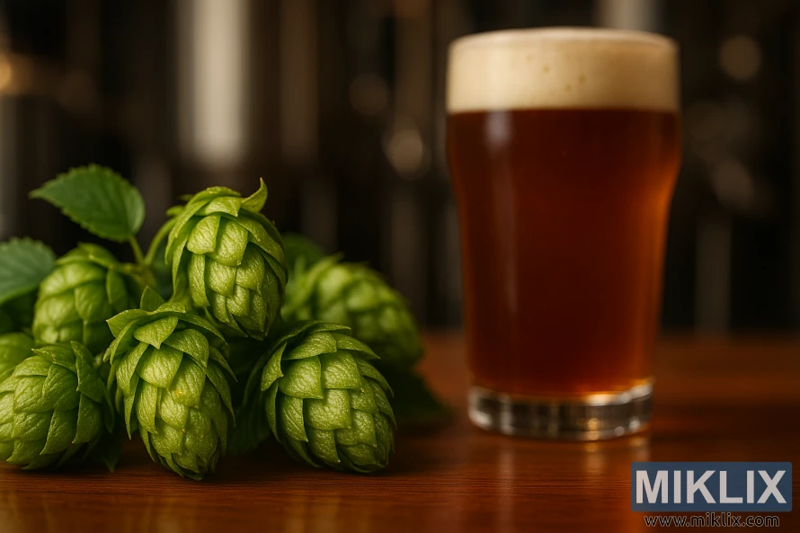 Fersk Galena humler ved siden av et glass ravfarget håndverksøl på en treflate. Fersk Galena humler ved siden av et glass ravfarget håndverksøl på en treflate.