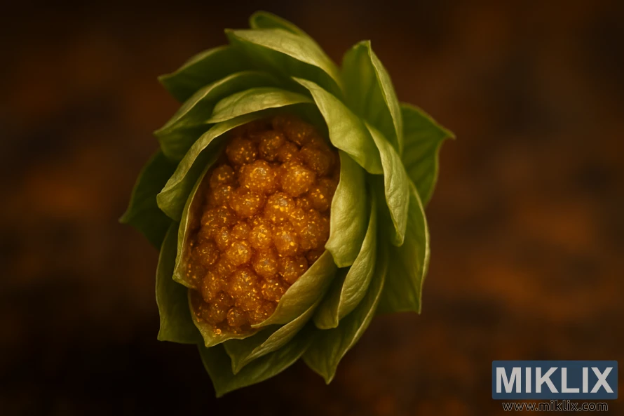 Podrobna makro fotografija hmeljevega cveta, ki v topli svetlobi prikazuje zelene cvetne liste in zlate lupulinske žleze.