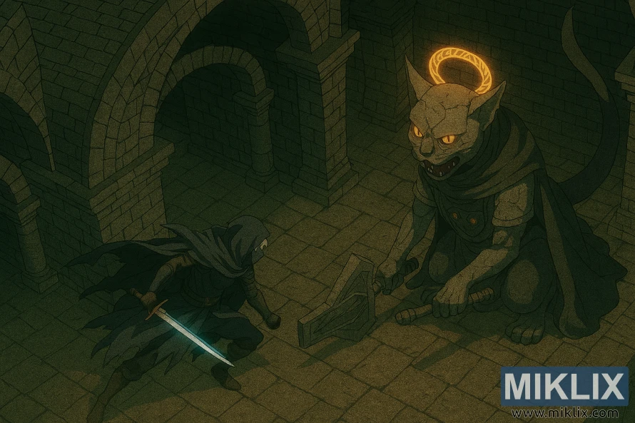 Anime-style isometric fan art of Tarnished fighting Erdtree Burial Watchdog in Wyndham Catacombs