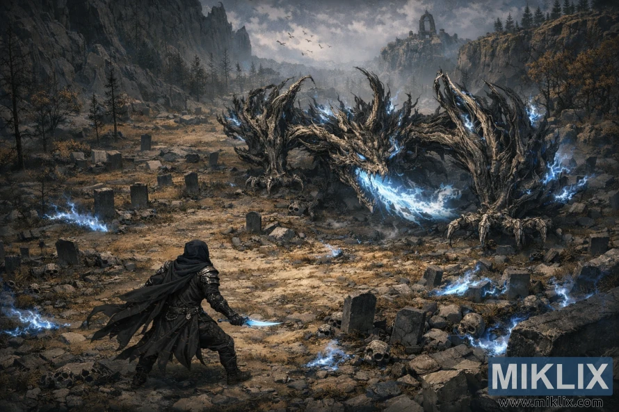 Dark fantasy isometric view of the Tarnished in Black Knife armor facing the Ghostflame Dragon across a grave-filled valley.