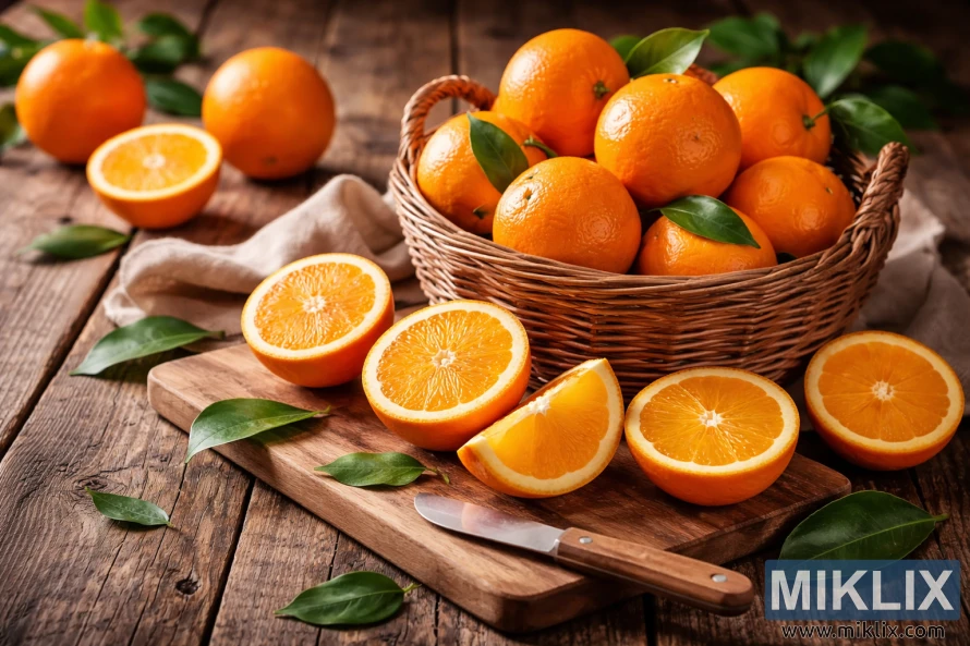 Košara svježih naranči s prepolovljenim voćem i lišćem na rustikalnom drvenom stolu s daskom za rezanje i nožem