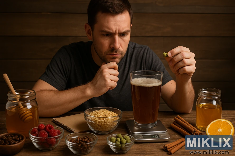 맥주 레시피를 계획하는 가정 양조업자가 보조제와 함께 테이블에서 홉 펠릿을 검사하고 있습니다.