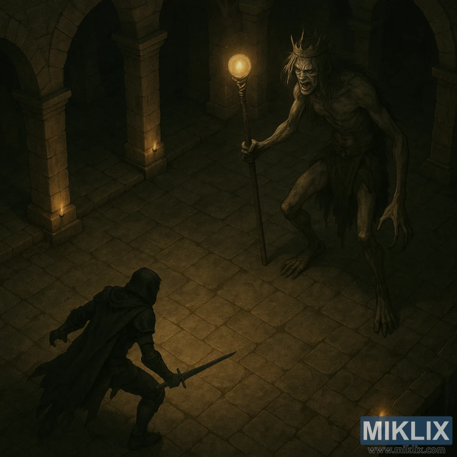 Dark fantasy isometric scene of the Tarnished in Black Knife armor facing a tall, skeletal Demi-Human Queen with a glowing staff in a shadowy stone cellar.