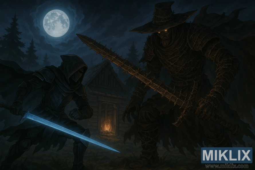 Anime-style Elden Ring fan art of a Tarnished in Black Knife armor facing the Bell Bearing Hunter wrapped in barbed wire and wielding a massive two-handed sword near the Hermit Merchant's Shack by moonlight. Anime-style Elden Ring fan art of a Tarnished in Black Knife armor facing the Bell Bearing Hunter wrapped in barbed wire and wielding a massive two-handed sword near the Hermit Merchant's Shack by moonlight.