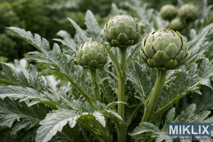 Artisjokkplante med sølvgrønne blader og tre blomsterknopper som vokser oppreist i en hage.