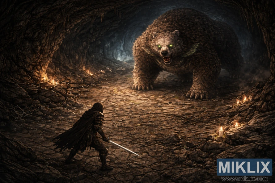 Elevated isometric dark fantasy scene of a hooded armored warrior with a sword facing a gigantic glowing-eyed bear inside a vast candle-lit cave.