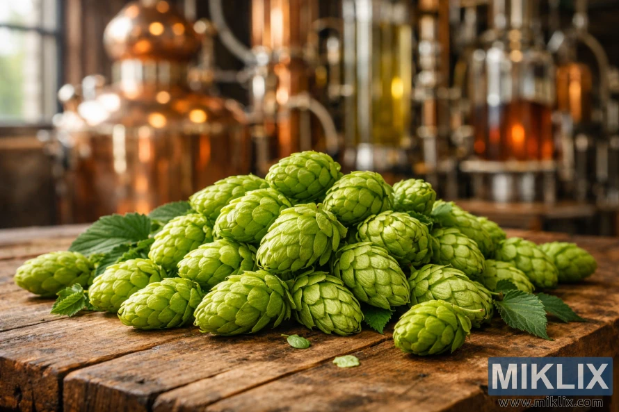 Close-up of fresh green Württemberger hop cones on a rustic wooden table with blurred copper brewing equipment in the background Close-up of fresh green Württemberger hop cones on a rustic wooden table with blurred copper brewing equipment in the background