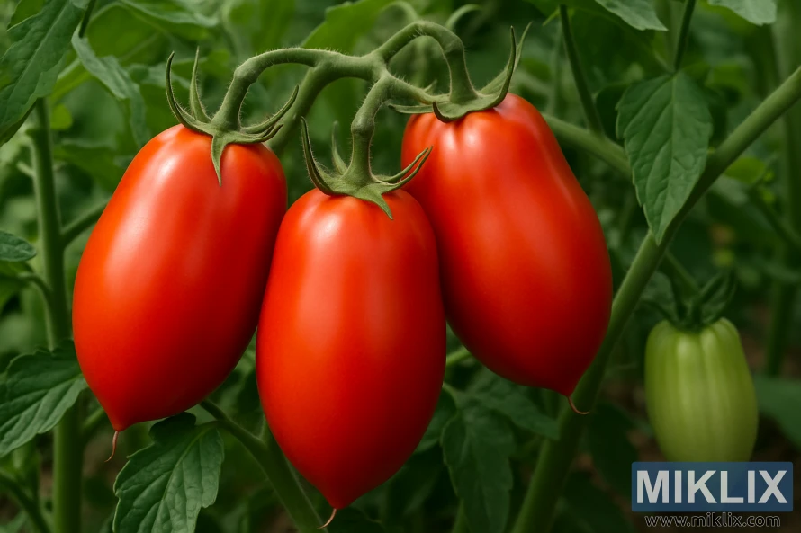 Tomates Roma maduros crescendo em uma trepadeira rodeada por folhas verdes. Tomates Roma maduros crescendo em uma trepadeira rodeada por folhas verdes.