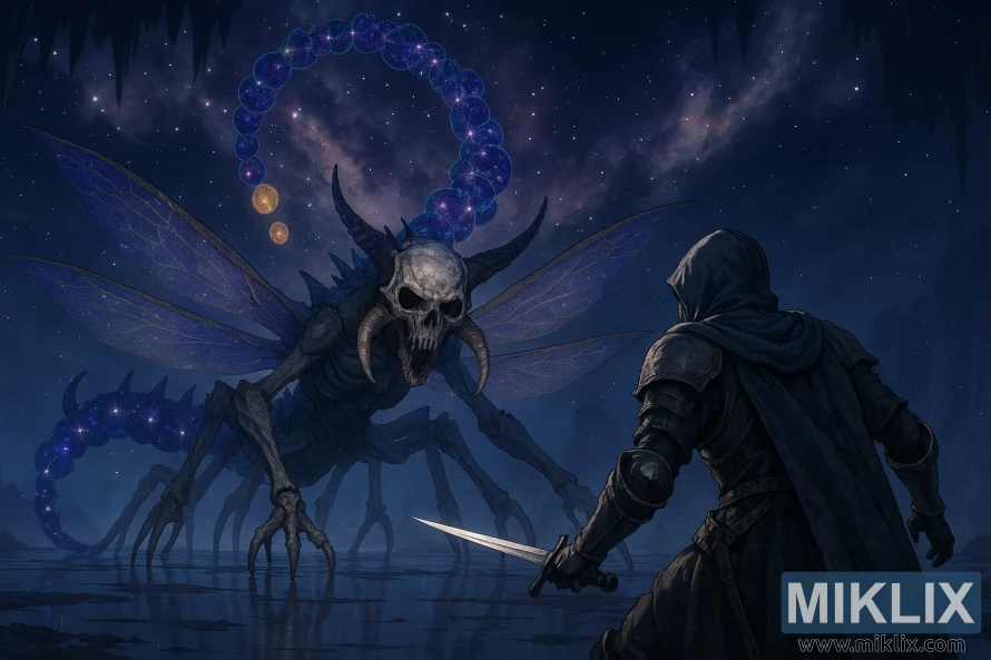 Anime-style fan art of the Tarnished in Black Knife armor facing Astel, a massive celestial insect with a skull-like head, many legs, iridescent wings, and a constellation-like tail, in the Grand Cloister of Elden Ring.