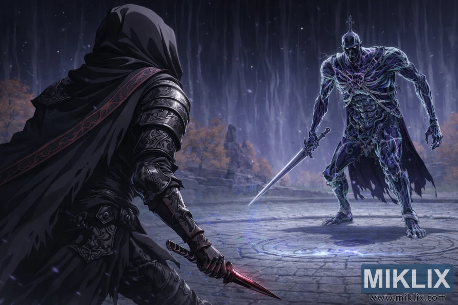 Anime-style Elden Ring fan art showing the Tarnished in Black Knife armor from behind, facing Bols, Carian Knight, in a tense standoff inside Cuckoo’s Evergaol. Anime-style Elden Ring fan art showing the Tarnished in Black Knife armor from behind, facing Bols, Carian Knight, in a tense standoff inside Cuckoo’s Evergaol.